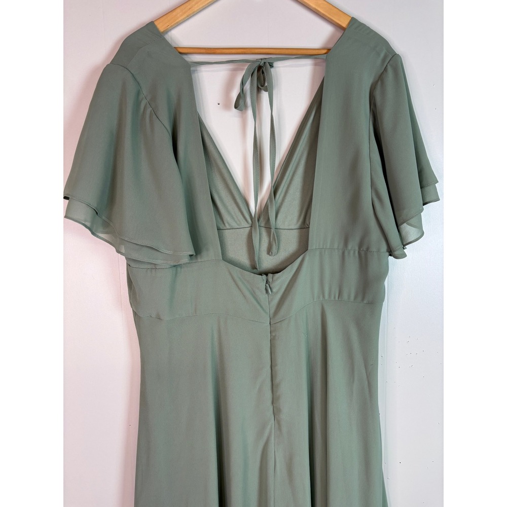 Lulus Maxi Dress 2X Sage Green Flutter Sleeve Deep V-Neck High Slit Bridesmaid - Picture 6 of 9